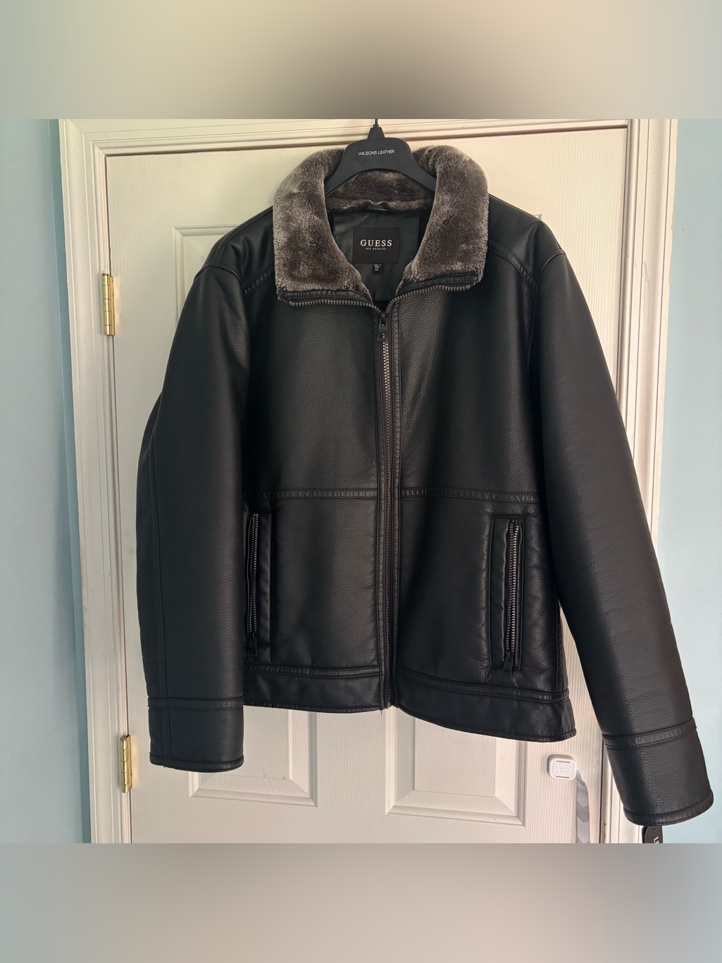 Men's Black Guess Faux Leather Zip Up Winter Jacket Size 2xl Faux Fur Lined